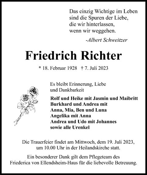 Traueranzeigen Von Friedrich Richter Trauer Anzeigen De