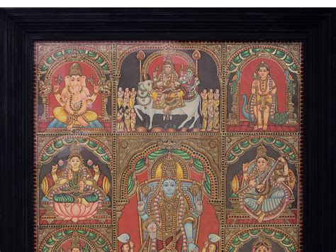 Lord Vishnu With God And Goddess Tanjore Painting With Frame