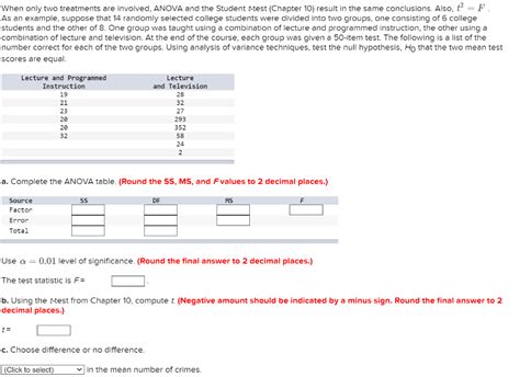 Solved When Only Two Treatments Are Involved Anova And The