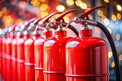 Bright Red Fire Extinguishers Reflected In A Row With Blurry Bokeh Background Premium Ai