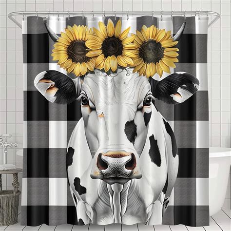 Black And White Checkered Cow With Sunflowers Shower Curtain Hyper