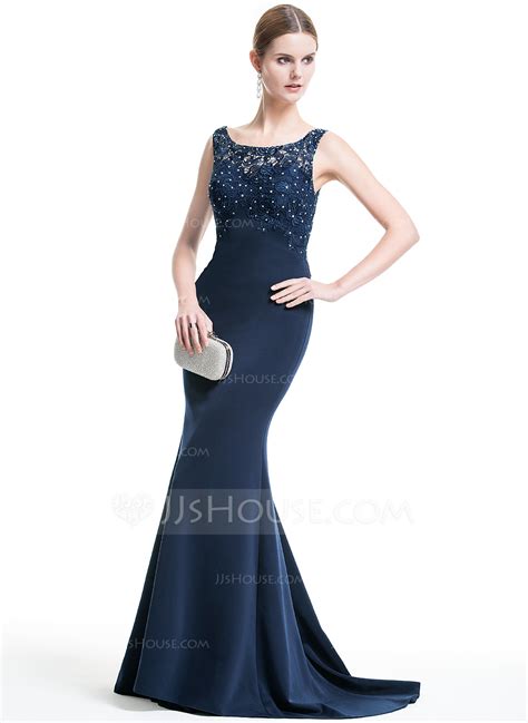 Trumpet Mermaid Scoop Neck Sweep Train Evening Dress With Lace Beading