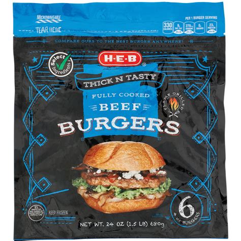 H-E-B Select Ingredients Fully Cooked Beef Burgers - Shop Beef & Veal at H-E-B