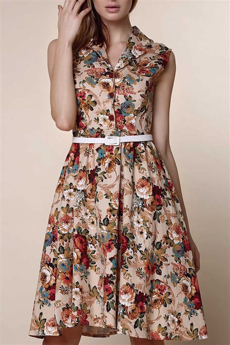 61 Off Retro Style Turn Down Collar Sleeveless Ball Gown Floral Print Dress For Women Rosegal