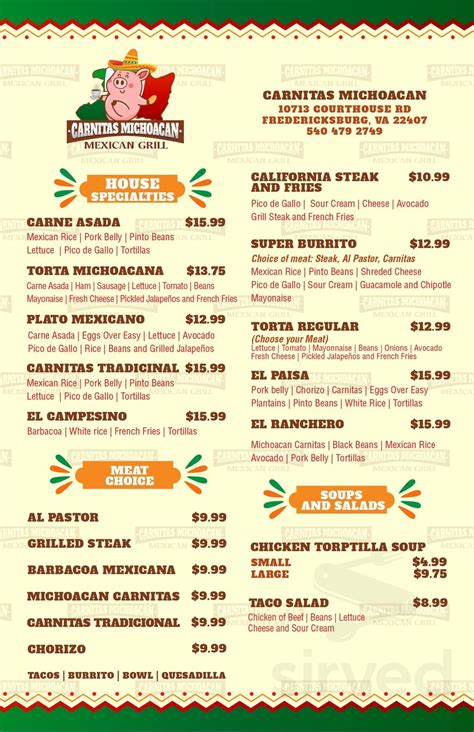 Carnitas Michoacan Mexican Street Food Menu In Fredericksburg