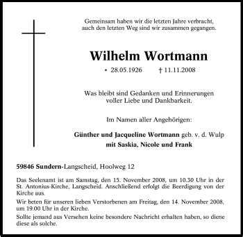 Traueranzeigen Von Wilhelm Wortmann Trauer In Nrw De