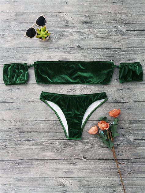 Velvet Off The Shoulder Bikini Swimwear In Green Zaful