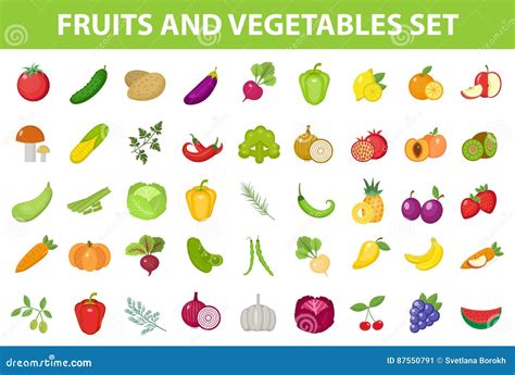 Fresh Fruit And Vegetable Icon Set Flat Cartoon Style Berries And