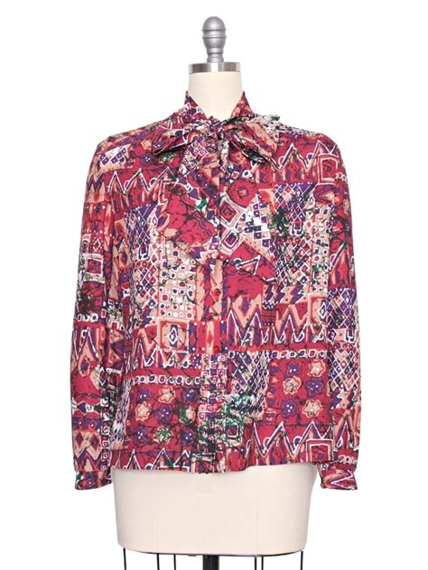Vintage Multicolored Abstract Tie Neck Pussy Bow Blouse Paper Michey