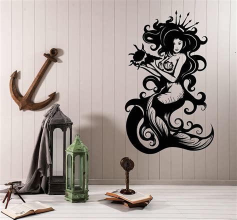 Vinyl Wall Decal Beautiful Sexy Mermaid Sea Queen Crown Shell Fantasy Stickers