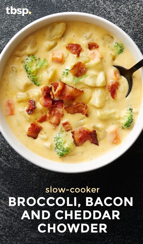 Slow Cooker Broccoli Bacon And Cheddar Chowder Recipe Cheesy Recipes Delicious Dinner