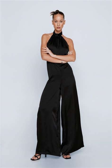 Satin Halterneck Wide Leg Jumpsuit Nasty Gal