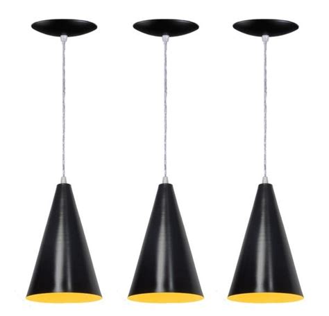 Kit 03 Luminárias Cone em Alumínio Preto fosco e Amarelo MadeiraMadeira