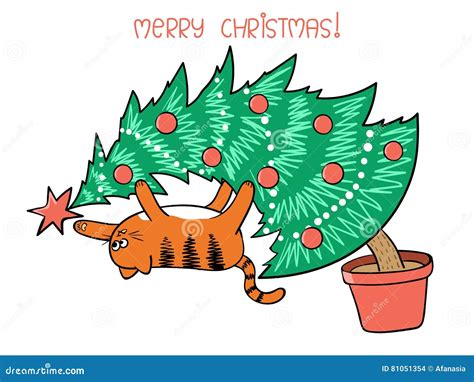 Merry Christmas Card Design Cute Cat On Christmas Tree Stock Vector