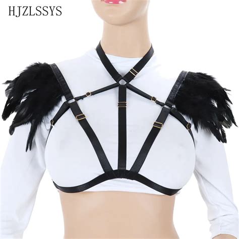 Black Feather Epaulettes Body Harness Silver Ring Lingerie Caged Bra