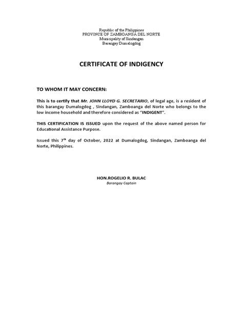 Certificate Of Indigency Pdf