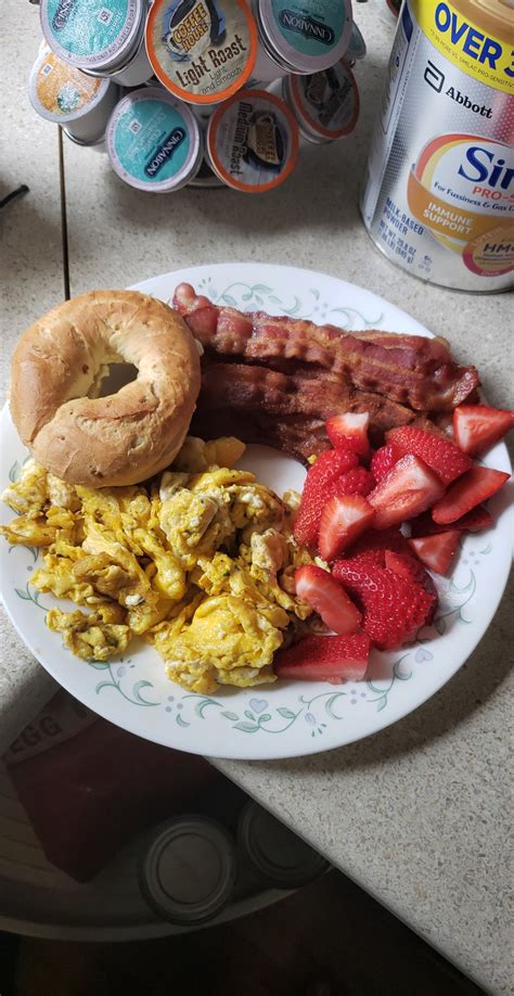 [homemade] Bacon And Scrambled Eggs With Fresh Cut Strawberries And A