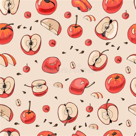 Seamless Pattern With Whole And Sliced Apples Hand Drawn Sketch With