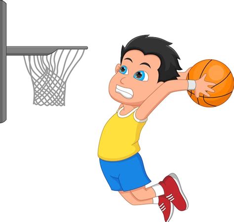 Menino Bonito Dos Desenhos Animados Jogando Basquete Vetor Premium