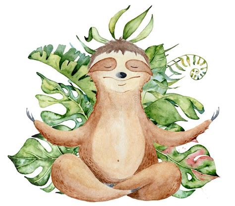 Watercolor Yoga Sloth In Lotus Position Cute Hand Drawn Illustration