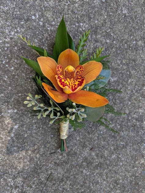 Orange Cymbidium Orchid Boutonniere with Gold Wrap