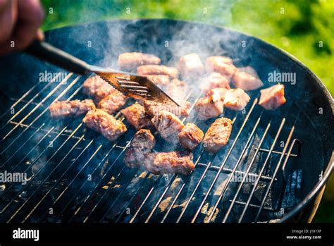 Grilling Delicious Variety Of Meat On Barbecue Charcoal Grill Grilling