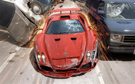 X Resolution Red Sports Car Crashes Between Cars Hd Wallpaper