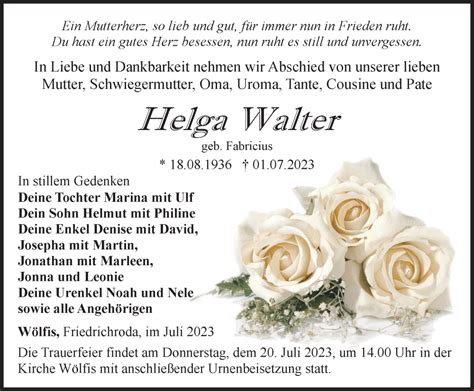 Traueranzeigen Von Helga Walter Trauer In Thueringen De