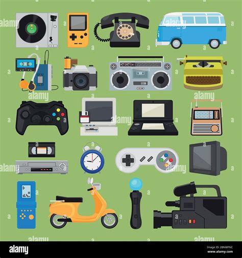 Hipster tech gadgets. 90s gadget icons like old joystick and console ...