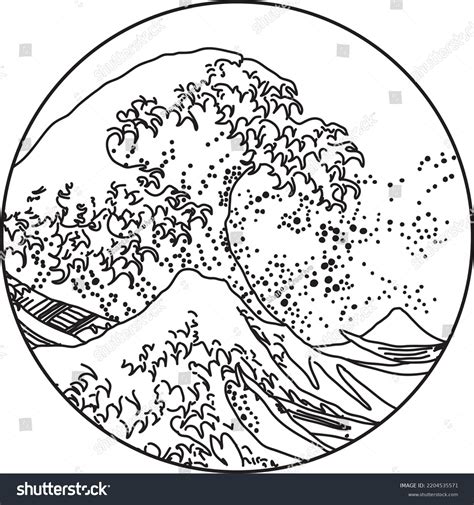 Vector Line Art Illustration Of Hokusai Wave Royalty Free Stock