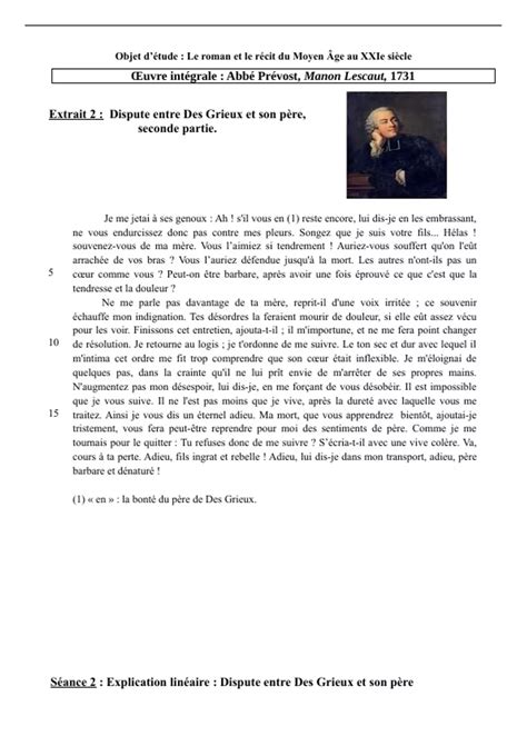 Fiche De R Vision Pour Le Bac De Fran Ais Extrait De Manon Lescaut