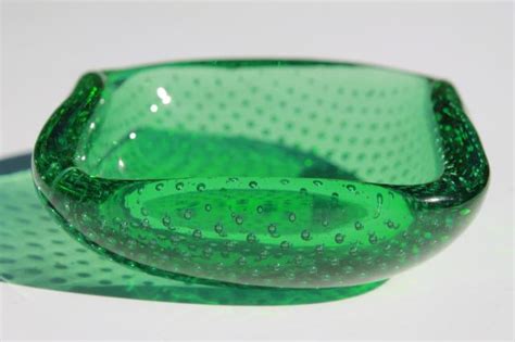 Green Murano Bullicante Glass Bowl Vintage Controlled Bubble Art Glass Bowl