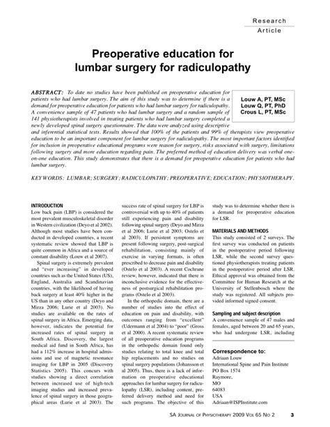 Pdf Preoperative Education For Lumbar Surgery For Radiculopathy