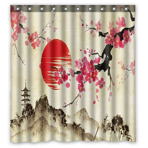 Phfzk Landscape Shower Curtain Japanese Sakura Cherry Blossom Moon