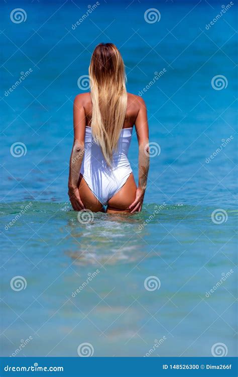 Woman In White Bikini Walking At Karon Beach Phuket Thailand Stock