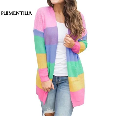 Puimentiua 2018 Autumn Rainbow Striped Women Cardigan Coat Long Sleeve