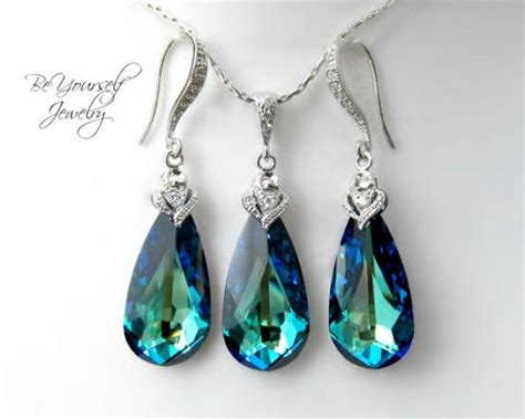 Bermuda Blue Earrings Necklace Set Swarovski Crystal Bridal Teardrop