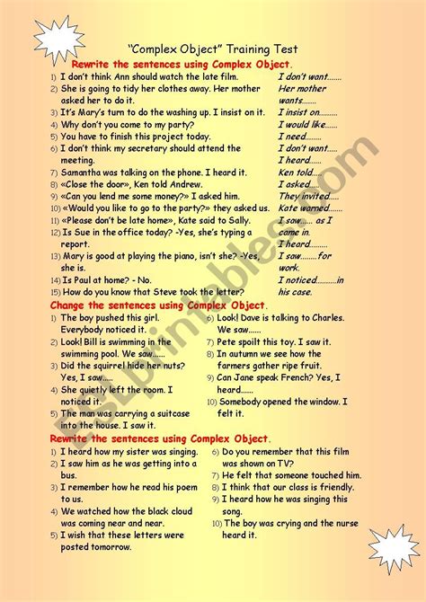 Complex Object Training Test Esl Worksheet By Zinaida954