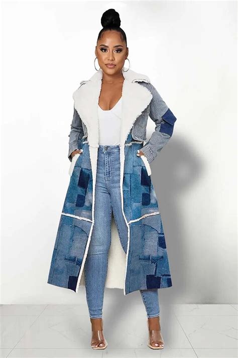 Loragal Patchwork Fur And Denim Coat Print Long Outerwear