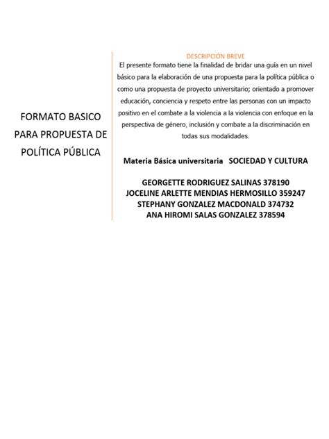 Formato Basico Para Propuesta De Política Pública Pdf Igualdad De