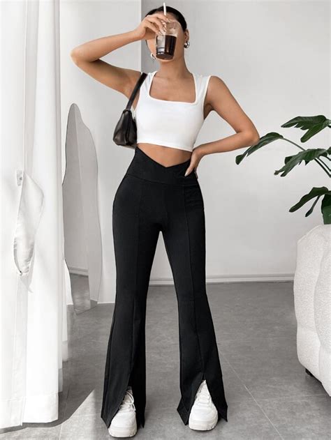 SHEIN EZwear Asymmetrical Waist Split Hem Flare Leg Pants SHEIN USA