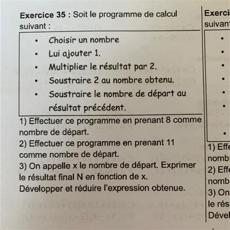 Exercice Soit Le Programme De Calcul Suivant Choisir Un Nombre