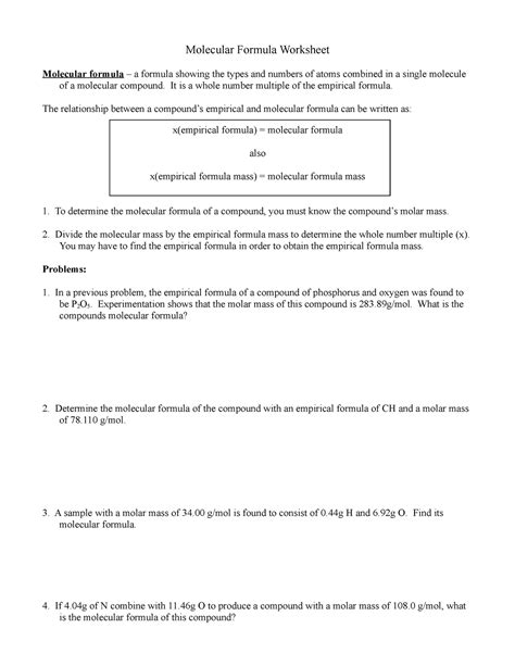 Molecular Formula Practice Molecular Formula Worksheet Molecular Formula A Formula Showing