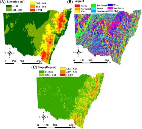 Maps Of Topographic Factors For NSW A Elevation B Aspect C Slope