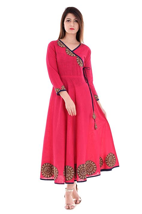 Womens Cotton Slub Angrakha Style Anarkali Kurta Black Gala Online