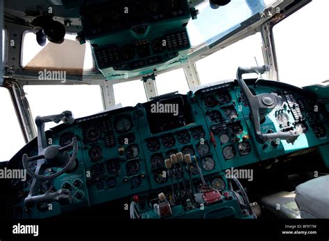 Cockpit of a cargo plane Ilyushin Il-62 in the Ukrainian aviation ...