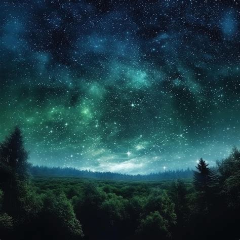 Premium AI Image | A starry night sky with a green forest and a starry sky.