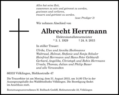 Traueranzeigen Von Albrecht Herrmann Saarbruecker Zeitung Trauer De