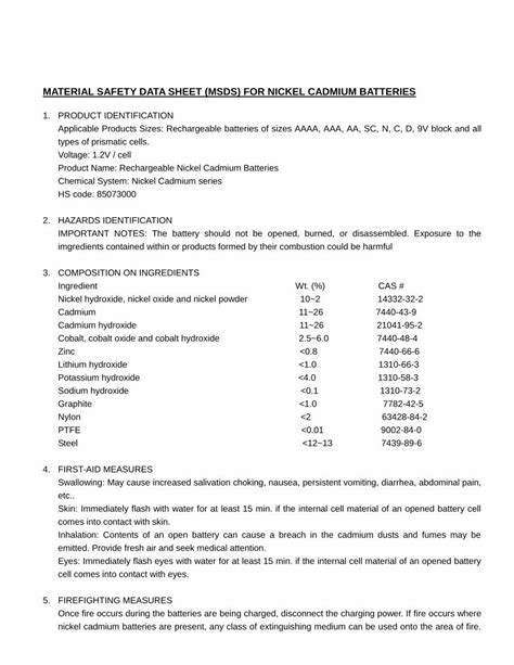 Pdf Material Safety Data Sheet Msds For Nickel Cadmium Batteries