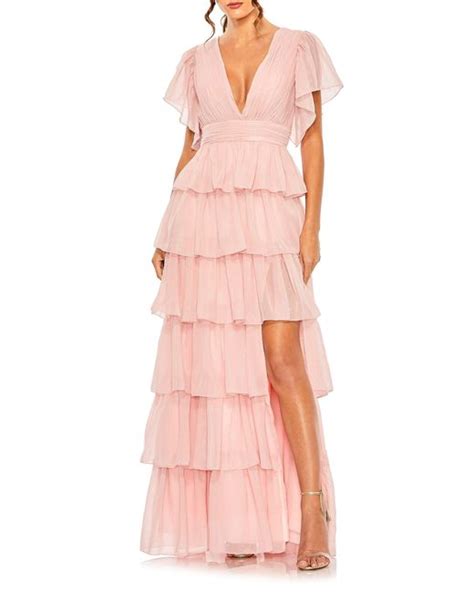 Ieena For Mac Duggal Metallic Flutter Sleeve Ruffle Tiered Gown In Pink